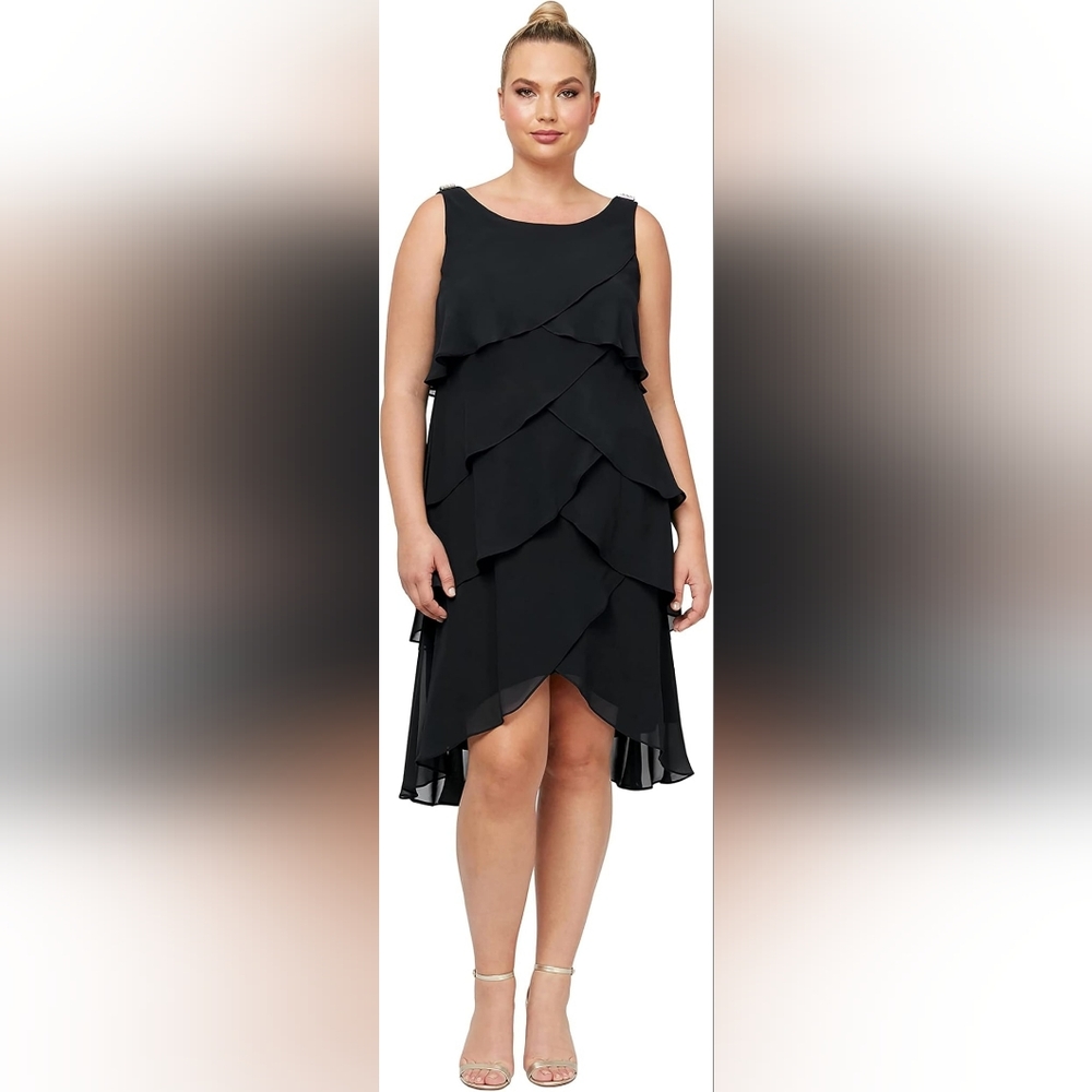 S.L. Fashions Womens Plus-Size Solid Multi-Tier Dress Embellished Shoulder Dress